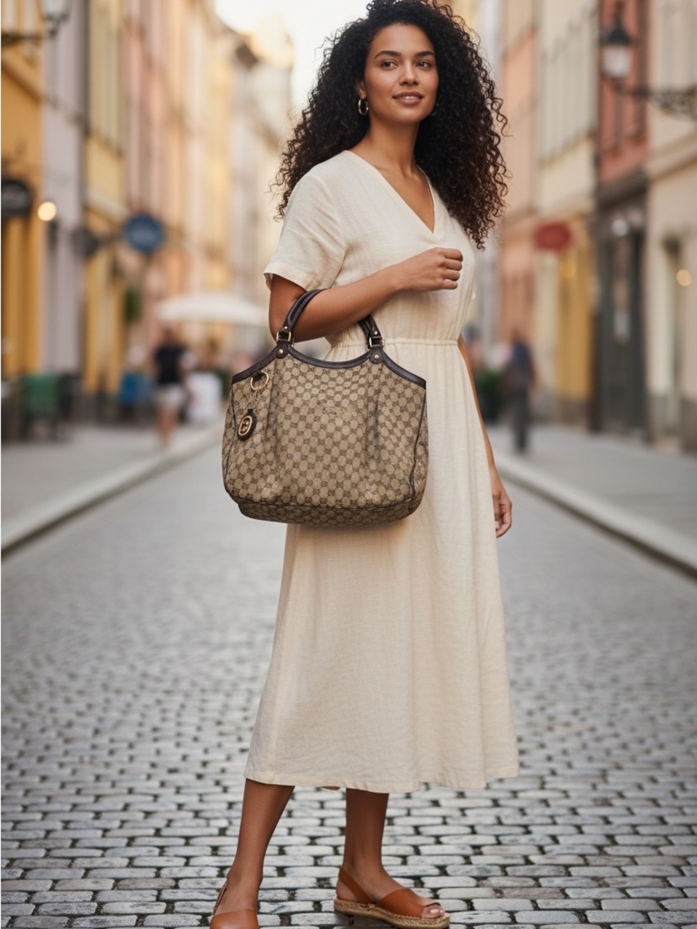Gucci Tan Monogram Canvas Hobo with Dark Brown Trim and Gold-Tone Hardware